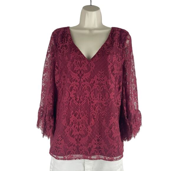 Modcloth V Neck Lace 3/4 Bell Sleeve Top Blouse Red Size M - Picture 1 of 8